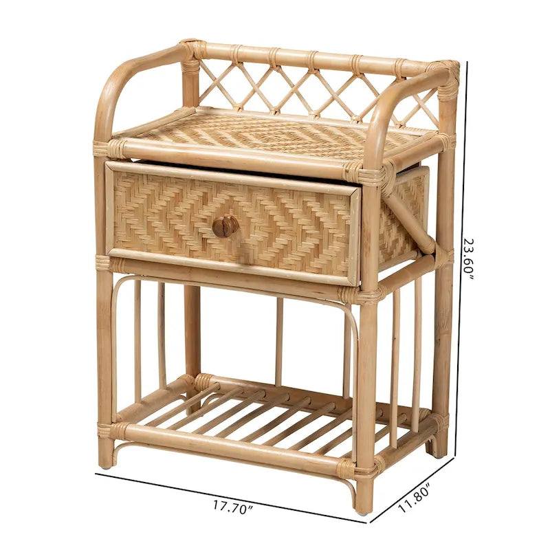 Comodino bohémien in rattan naturale marrone con 1 cassetto, per 1