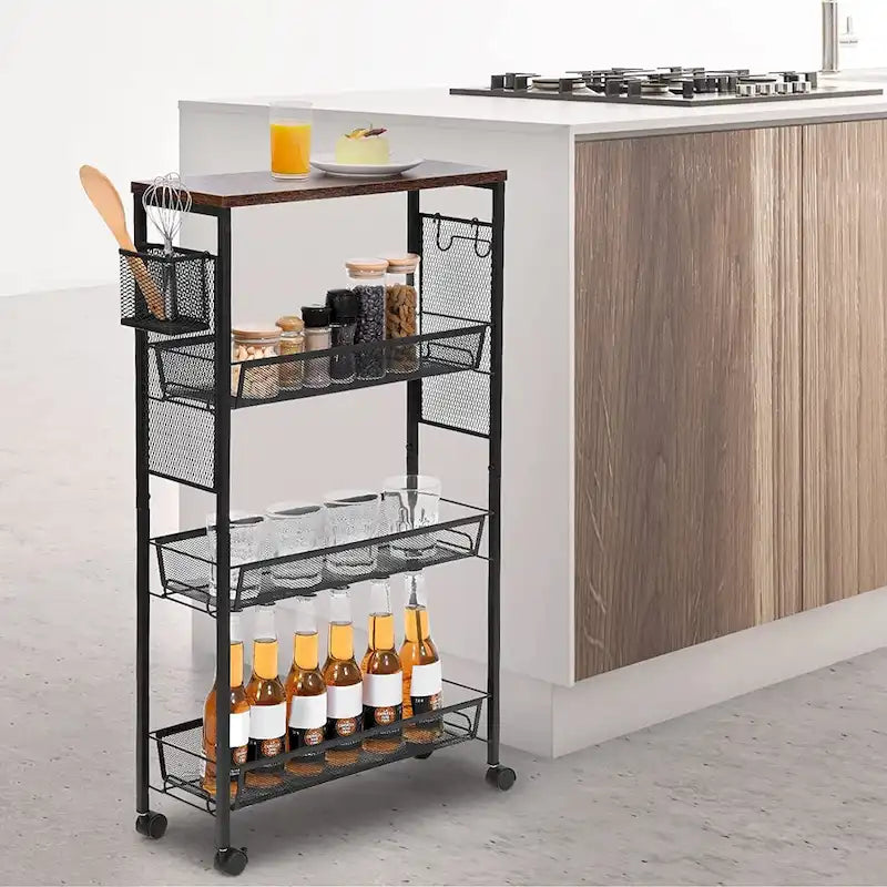 Carrello portaoggetti sottile marrone a 4 ripiani con ruote e cestelli in filo metallico – Per 1-2 utenti