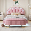 Letto a piattaforma in velluto rosa/beige con LED e ottomana contenitore – Matrimoniale, 2 pezzi