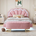 Letto a piattaforma in velluto rosa/beige con LED e ottomana contenitore – Matrimoniale, 2 pezzi