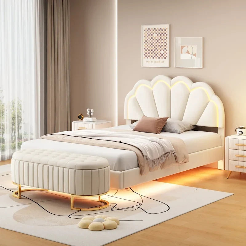 2-Pieces Bedroom Sets Full LED Platform Bed with Storage Ottoman