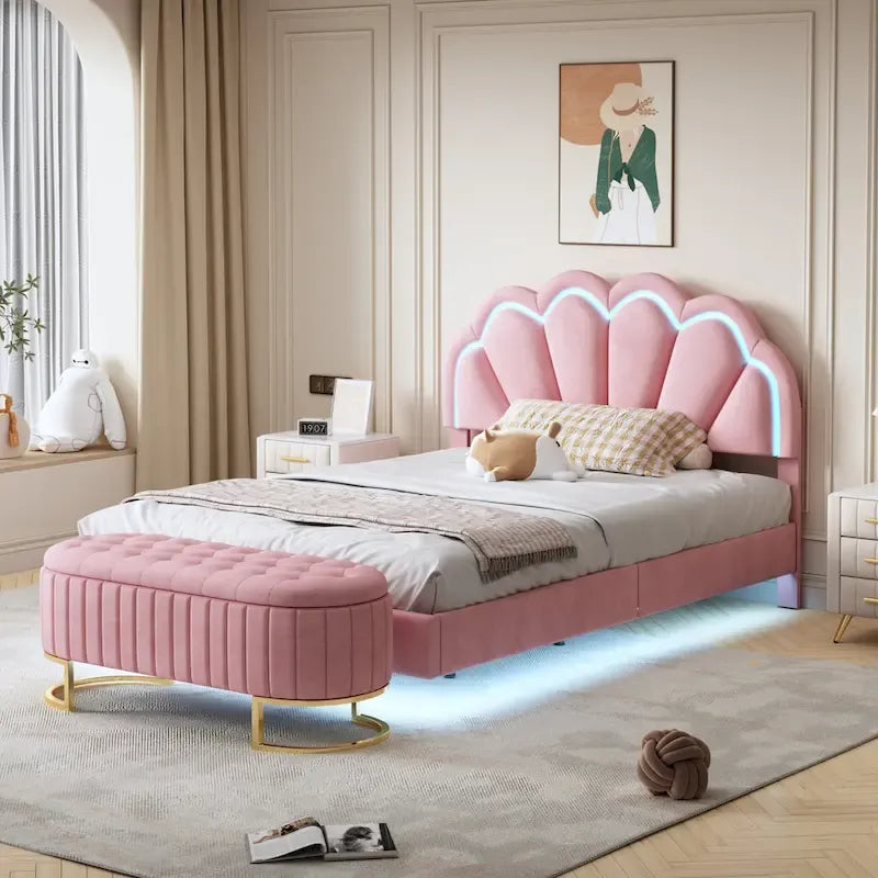 Letto a piattaforma in velluto rosa/beige con LED e ottomana contenitore – Matrimoniale, 2 pezzi