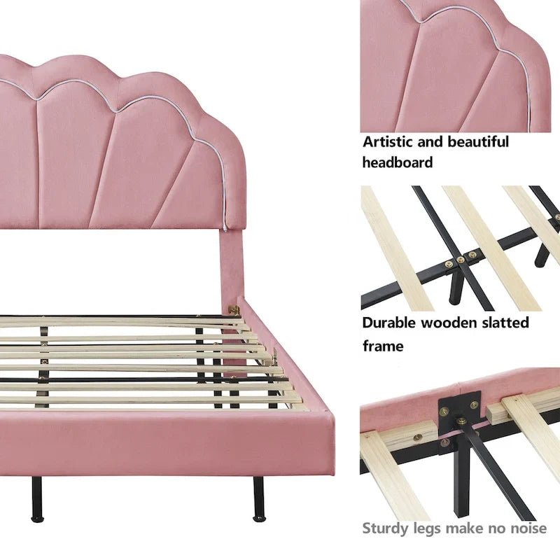 Letto a piattaforma in velluto rosa/beige con LED e ottomana contenitore – Matrimoniale, 2 pezzi
