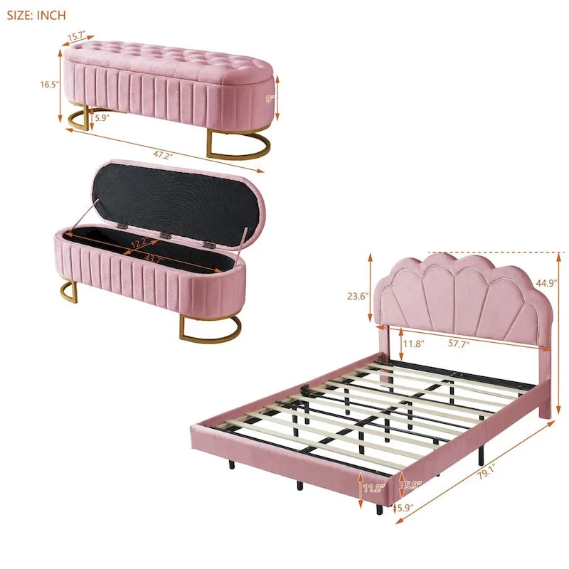 Letto a piattaforma in velluto rosa/beige con LED e ottomana contenitore – Matrimoniale, 2 pezzi