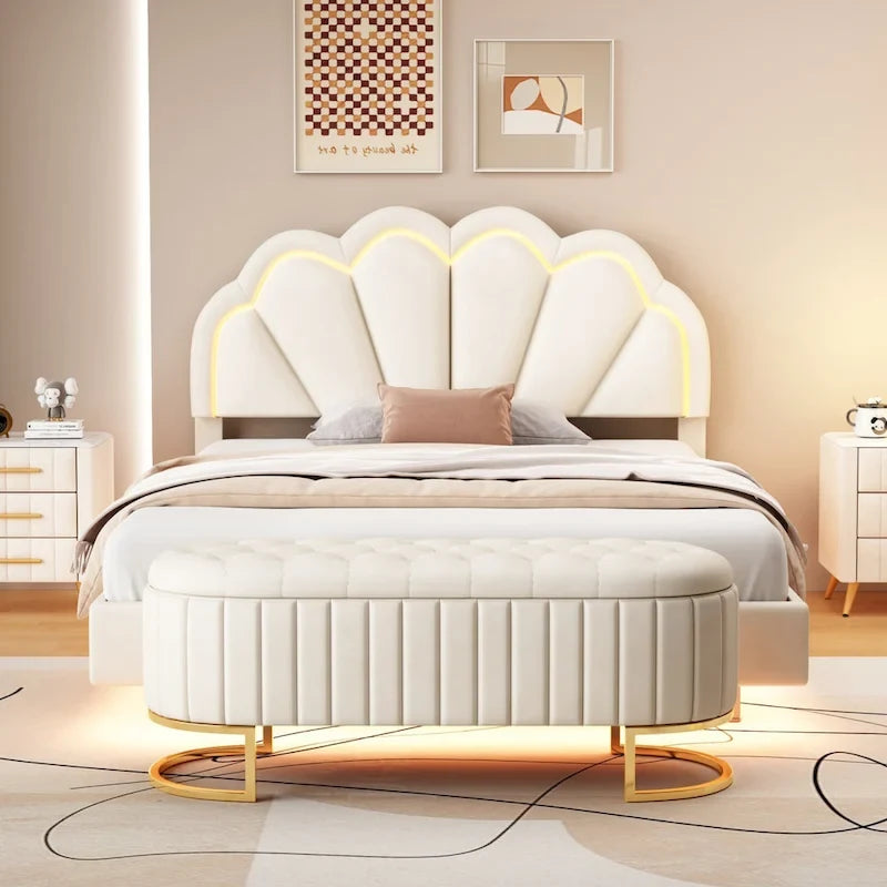 Letto a piattaforma in velluto rosa/beige con LED e ottomana contenitore – Matrimoniale, 2 pezzi