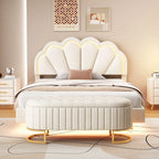 Letto a piattaforma in velluto rosa/beige con LED e ottomana contenitore – Matrimoniale, 2 pezzi