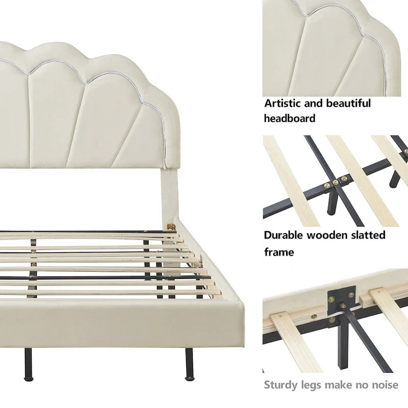 Letto a piattaforma in velluto rosa/beige con LED e ottomana contenitore – Matrimoniale, 2 pezzi