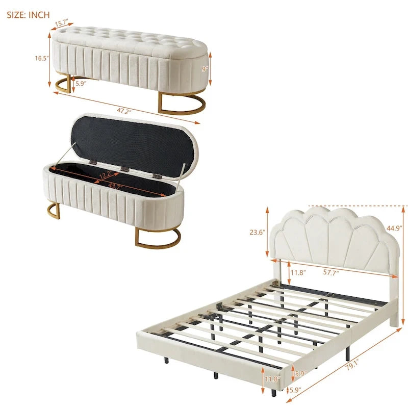Letto a piattaforma in velluto rosa/beige con LED e ottomana contenitore – Matrimoniale, 2 pezzi