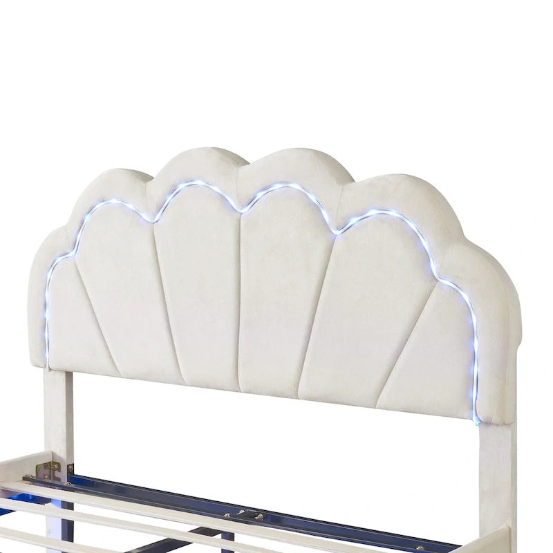 Letto a piattaforma in velluto rosa/beige con LED e ottomana contenitore – Matrimoniale, 2 pezzi
