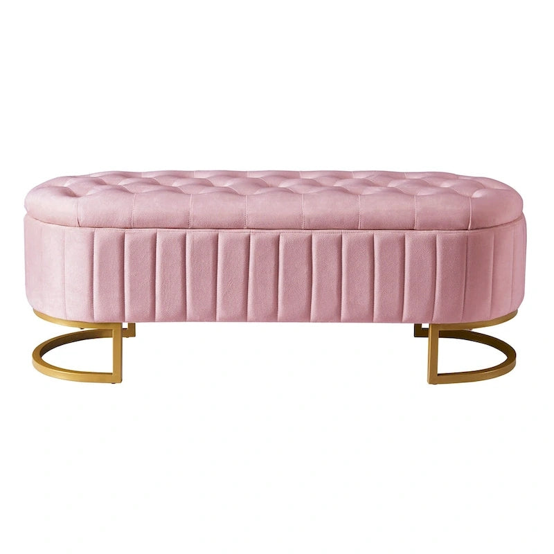 Letto a piattaforma in velluto rosa/beige con LED e ottomana contenitore – Matrimoniale, 2 pezzi