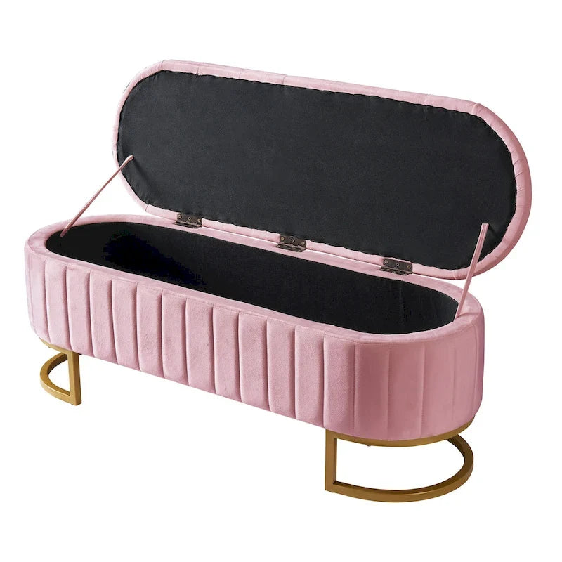 Letto a piattaforma in velluto rosa/beige con LED e ottomana contenitore – Matrimoniale, 2 pezzi