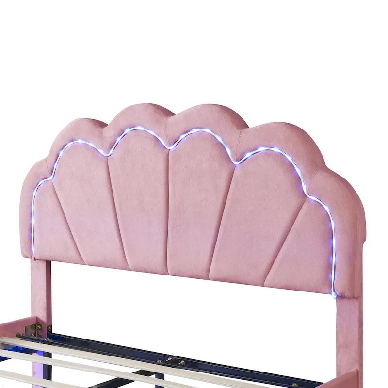 Letto a piattaforma in velluto rosa/beige con LED e ottomana contenitore – Matrimoniale, 2 pezzi