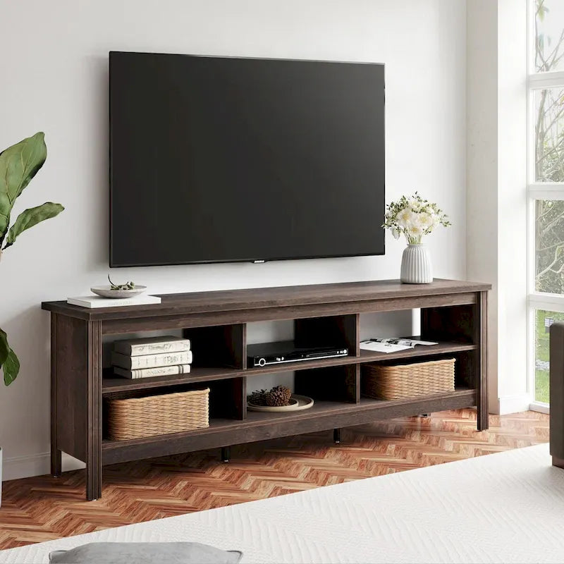 Mobile TV nero/espresso, con ripiano classico aperto, adatto per TV fino a 120 pollici