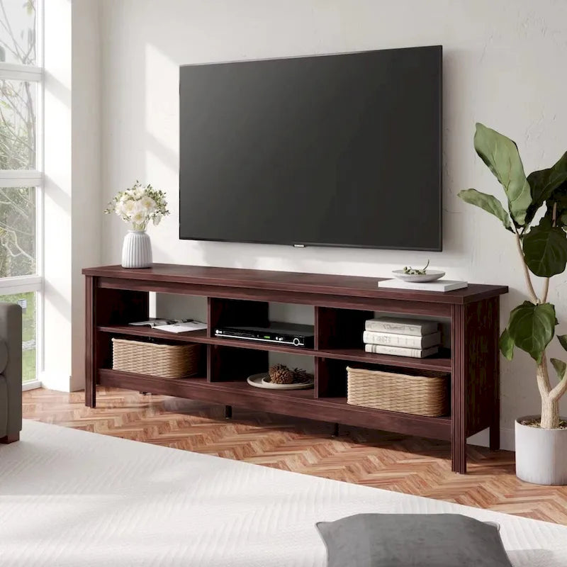 Mobile TV nero/espresso, con ripiano classico aperto, adatto per TV fino a 120 pollici