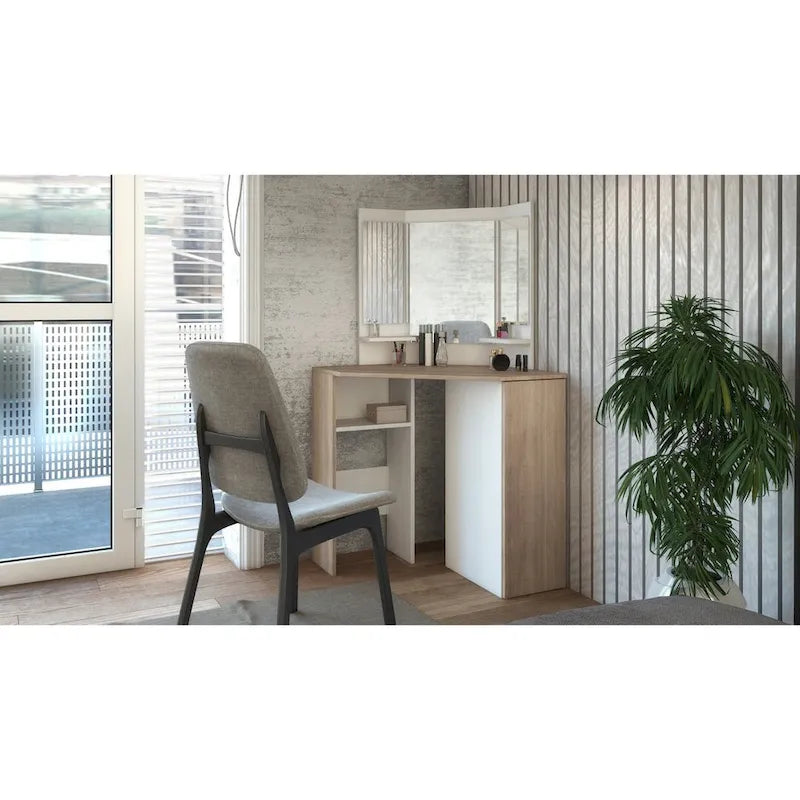 Angolo Marrone Toeletta Trucco con Luci LED, 1 Cassetto, per 1 Persona