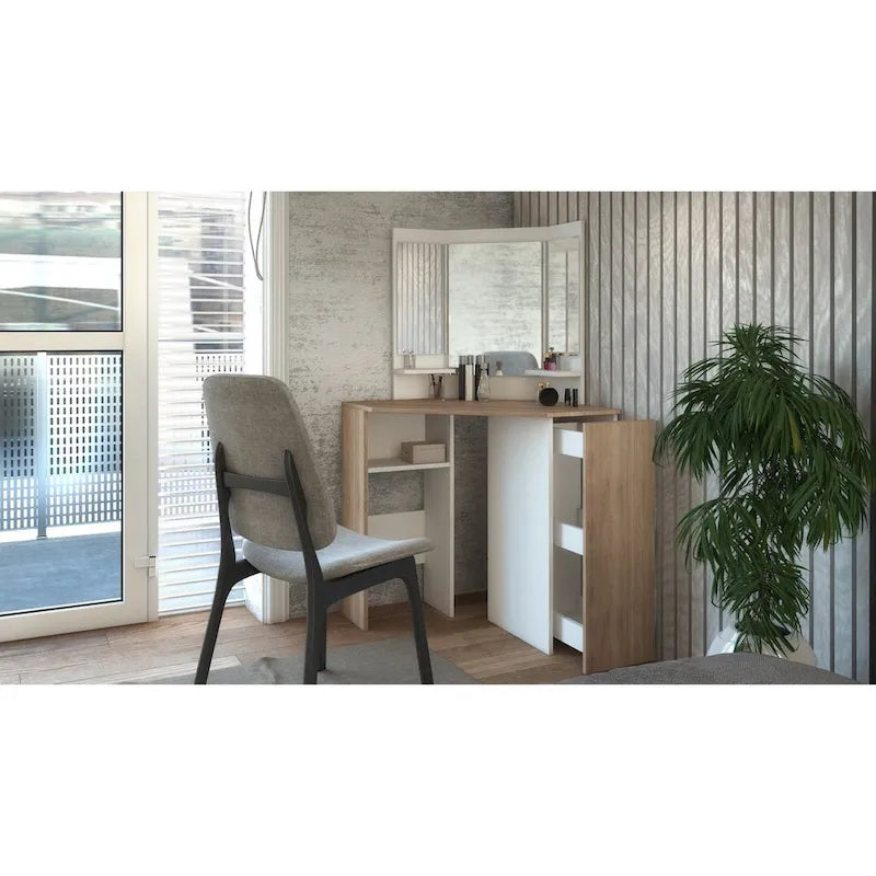 Angolo Marrone Toeletta Trucco con Luci LED, 1 Cassetto, per 1 Persona