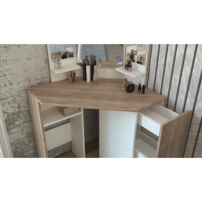 Angolo Marrone Toeletta Trucco con Luci LED, 1 Cassetto, per 1 Persona