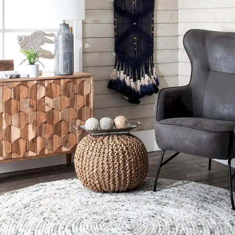 Pouf Ottomano in Juta a Maglia Grigio Scuro/Grigio Chiaro/Naturale – 1 Posto