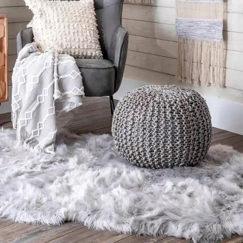 Pouf Ottomano in Juta a Maglia Grigio Scuro/Grigio Chiaro/Naturale – 1 Posto