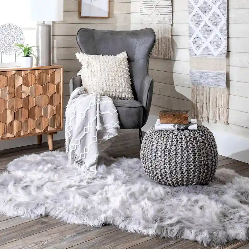 Pouf Ottomano in Juta a Maglia Grigio Scuro/Grigio Chiaro/Naturale – 1 Posto