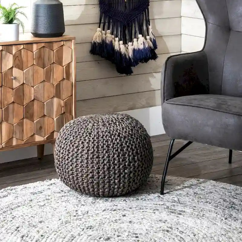 Pouf Ottomano in Juta a Maglia Grigio Scuro/Grigio Chiaro/Naturale – 1 Posto