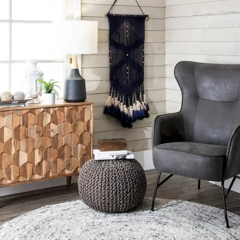 Pouf Ottomano in Juta a Maglia Grigio Scuro/Grigio Chiaro/Naturale – 1 Posto