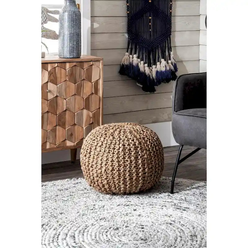 Pouf Ottomano in Juta a Maglia Grigio Scuro/Grigio Chiaro/Naturale – 1 Posto