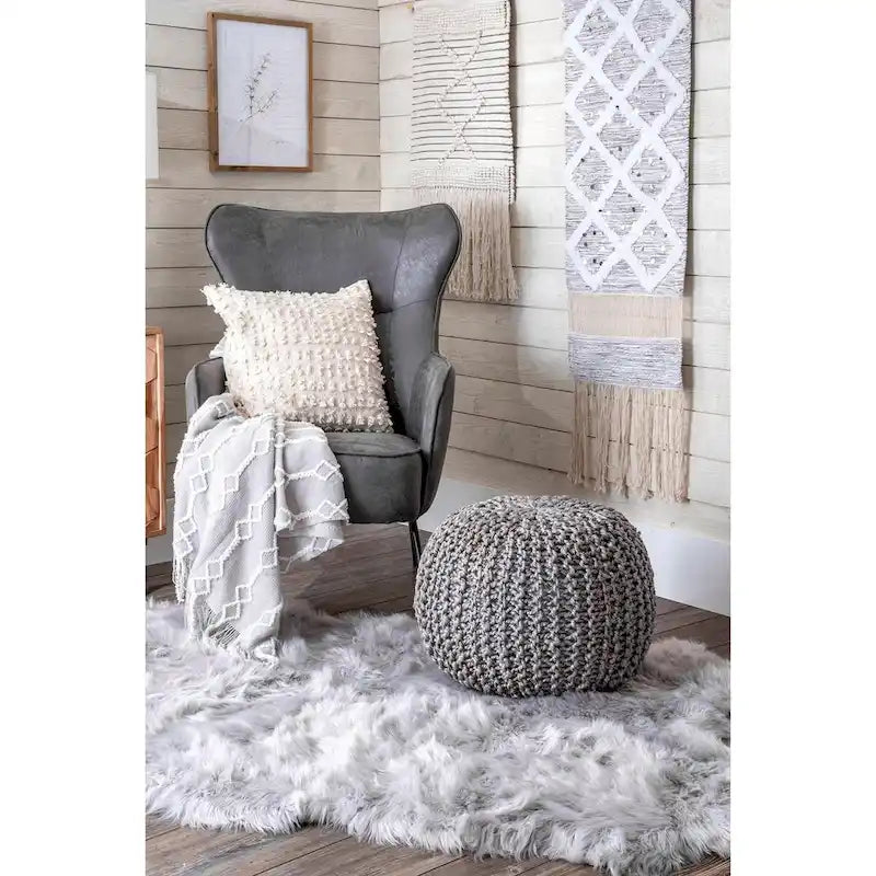 Pouf Ottomano in Juta a Maglia Grigio Scuro/Grigio Chiaro/Naturale – 1 Posto
