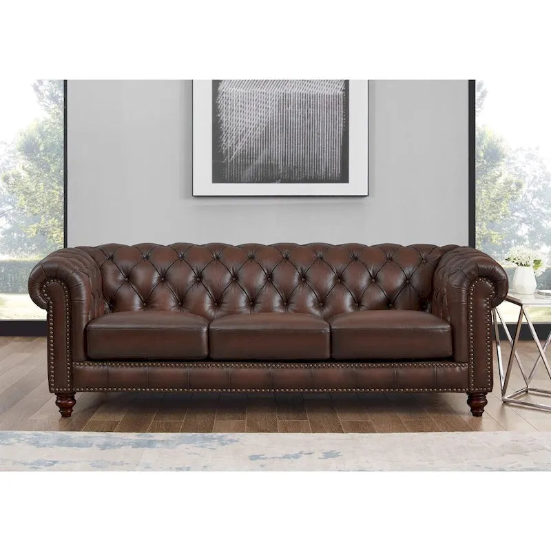 Divano Chesterfield e Divanetto a Due Posti in Pelle Marrone Caramello, 2-3 Posti