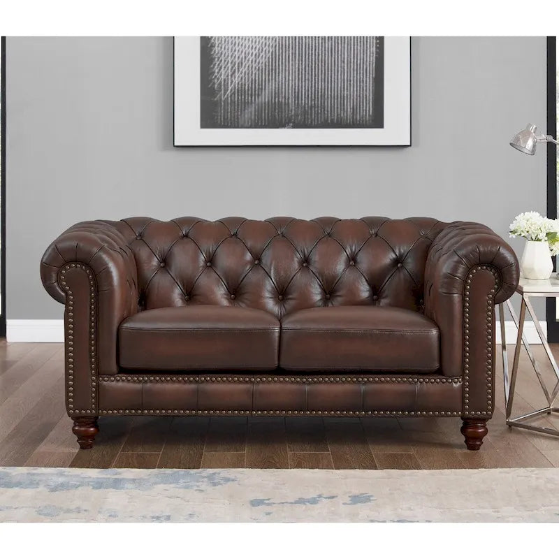 Divano Chesterfield e Divanetto a Due Posti in Pelle Marrone Caramello, 2-3 Posti