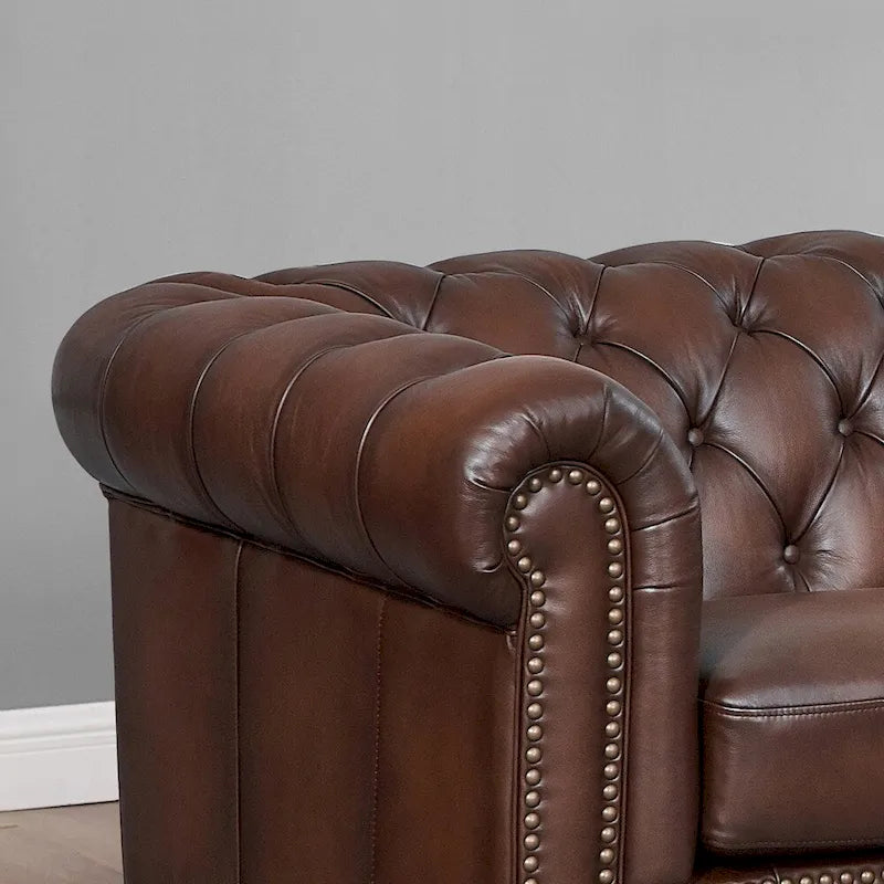 Divano Chesterfield e Divanetto a Due Posti in Pelle Marrone Caramello, 2-3 Posti