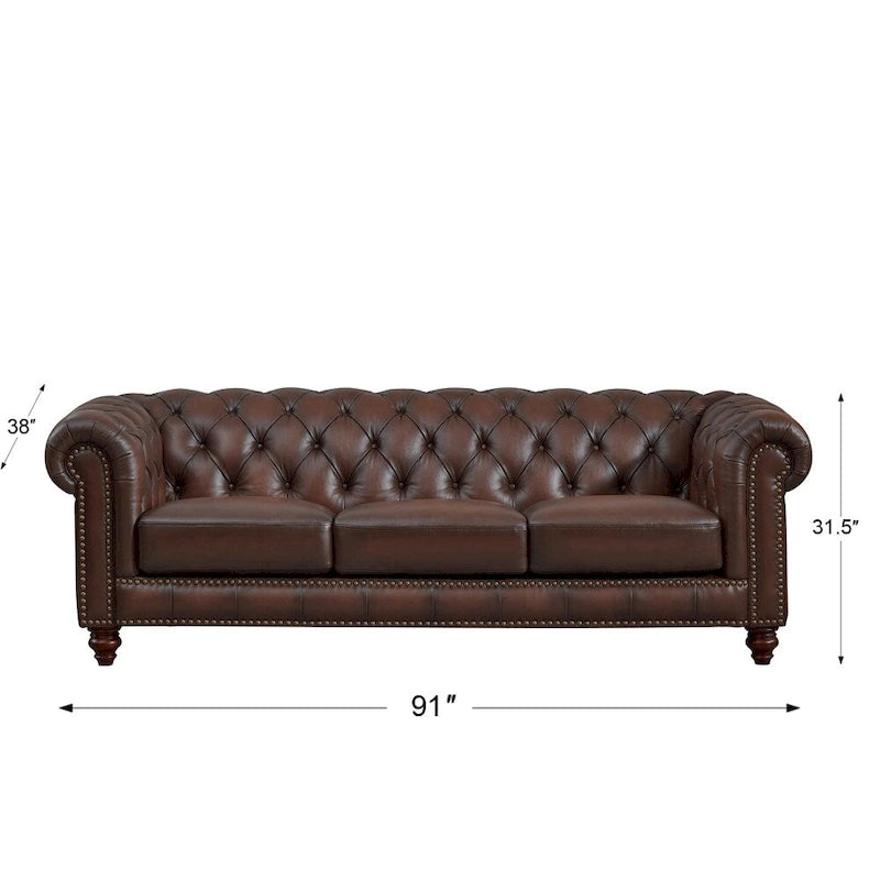 Divano Chesterfield e Divanetto a Due Posti in Pelle Marrone Caramello, 2-3 Posti