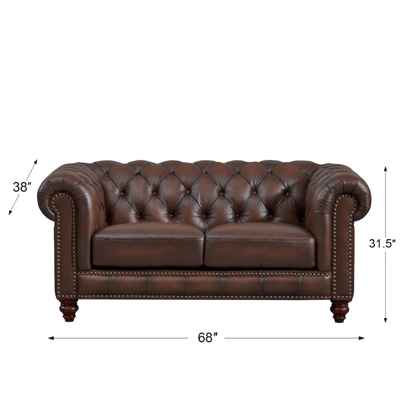 Divano Chesterfield e Divanetto a Due Posti in Pelle Marrone Caramello, 2-3 Posti