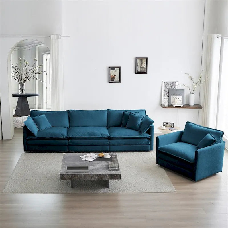 Set divano moderno 3 pezzi in ciniglia blu/bianco (fino a 4 posti)