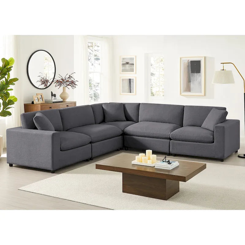 Divano componibile a 5 pezzi in velluto a coste e tessuto color antracite/beige