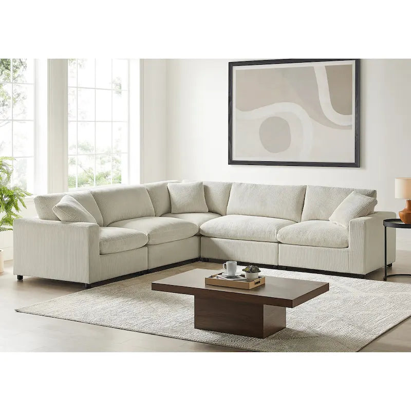 Divano componibile a 5 pezzi in velluto a coste e tessuto color antracite/beige