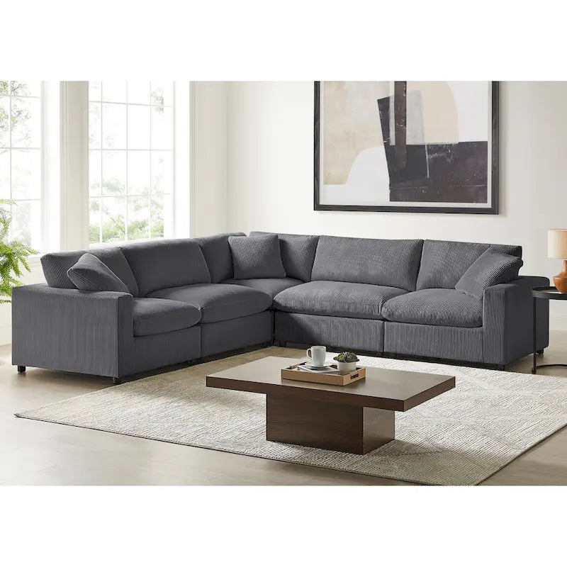 Divano componibile a 5 pezzi in velluto a coste e tessuto color antracite/beige