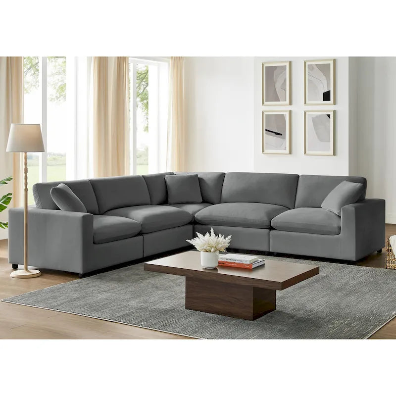 Divano componibile a 5 pezzi in velluto a coste e tessuto color antracite/beige