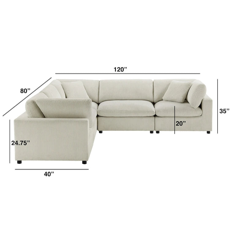 Divano componibile a 5 pezzi in velluto a coste e tessuto color antracite/beige