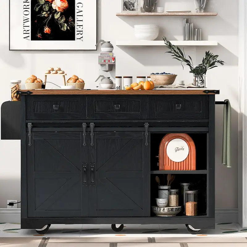 Isola da Cucina in Stile Fattoria Bianco/Nero con Ante Scorrevoli a Stile Fienile e Ribalta, Larghezza 136,4 cm, 1 Persona