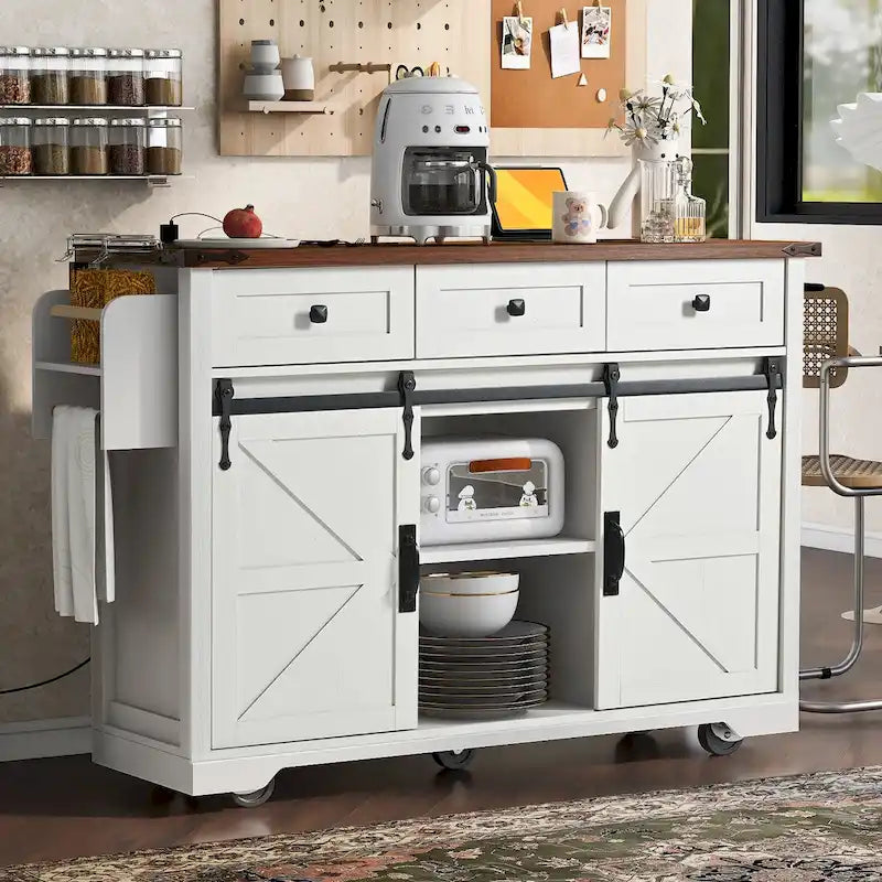 Isola da Cucina in Stile Fattoria Bianco/Nero con Ante Scorrevoli a Stile Fienile e Ribalta, Larghezza 136,4 cm, 1 Persona