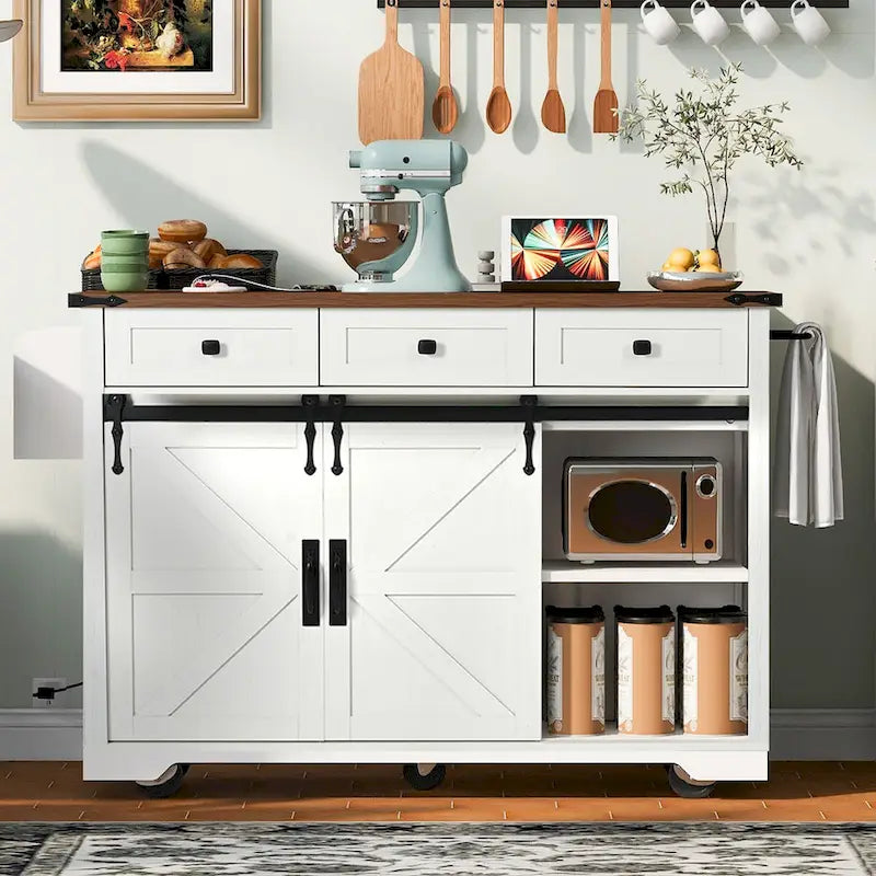 Isola da Cucina in Stile Fattoria Bianco/Nero con Ante Scorrevoli a Stile Fienile e Ribalta, Larghezza 136,4 cm, 1 Persona