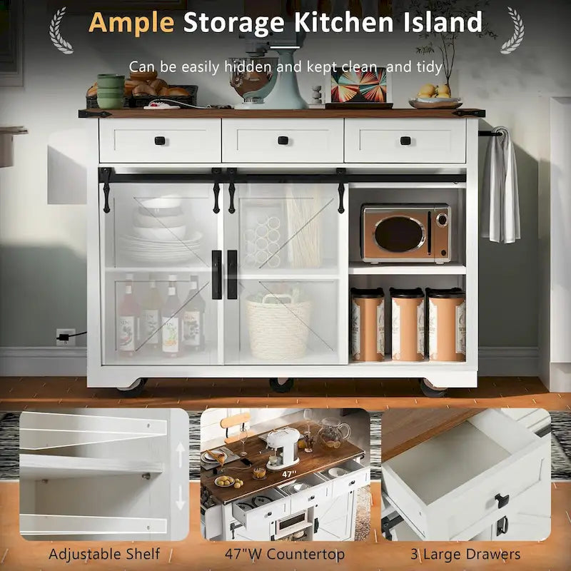 Isola da Cucina in Stile Fattoria Bianco/Nero con Ante Scorrevoli a Stile Fienile e Ribalta, Larghezza 136,4 cm, 1 Persona