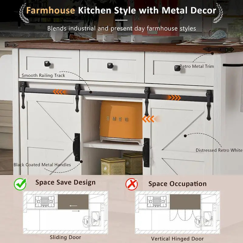 Isola da Cucina in Stile Fattoria Bianco/Nero con Ante Scorrevoli a Stile Fienile e Ribalta, Larghezza 136,4 cm, 1 Persona