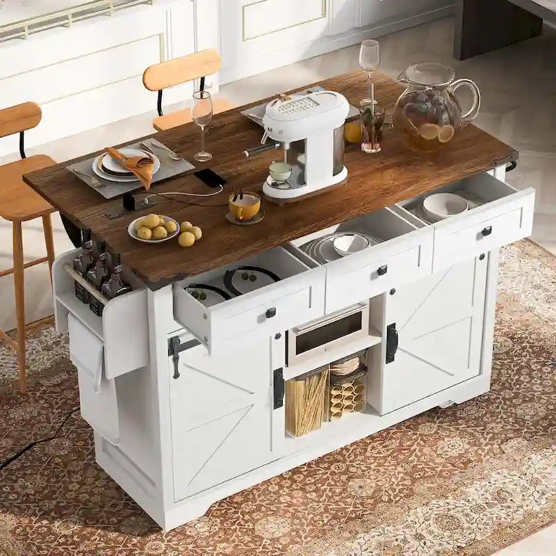 Isola da Cucina in Stile Fattoria Bianco/Nero con Ante Scorrevoli a Stile Fienile e Ribalta, Larghezza 136,4 cm, 1 Persona