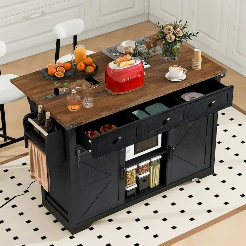 Isola da Cucina in Stile Fattoria Bianco/Nero con Ante Scorrevoli a Stile Fienile e Ribalta, Larghezza 136,4 cm, 1 Persona