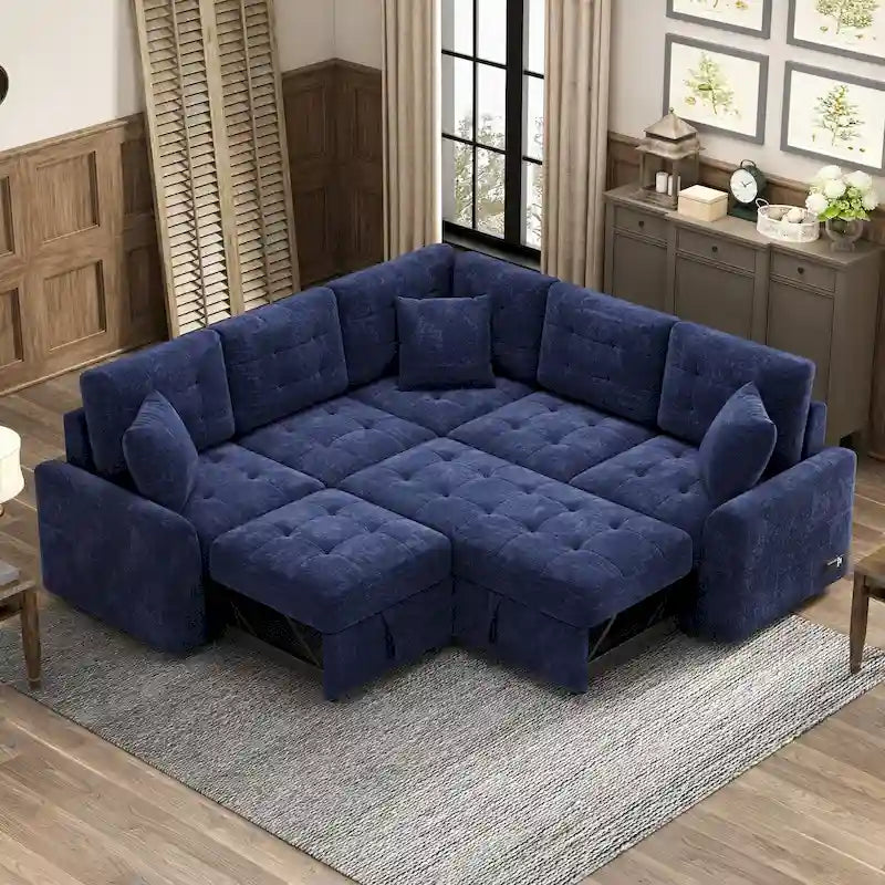 Divano letto estraibile a L blu/marrone con ruote e porte USB, 3 posti