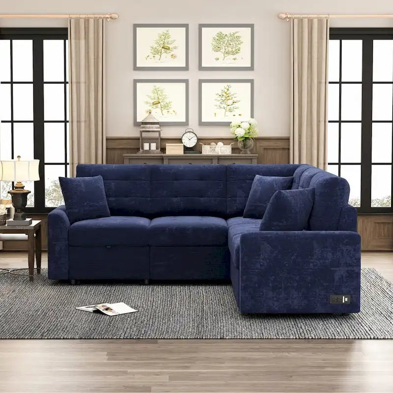 Divano letto estraibile a L blu/marrone con ruote e porte USB, 3 posti