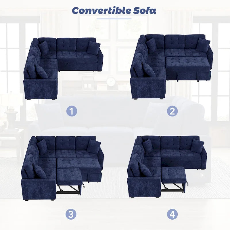 Divano letto estraibile a L blu/marrone con ruote e porte USB, 3 posti