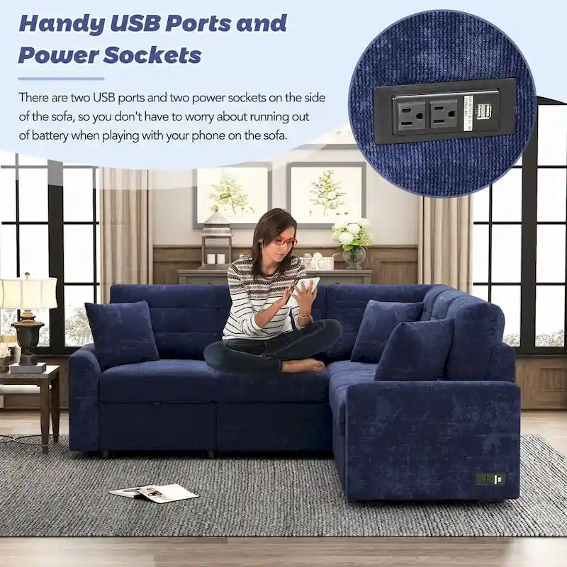 Divano letto estraibile a L blu/marrone con ruote e porte USB, 3 posti